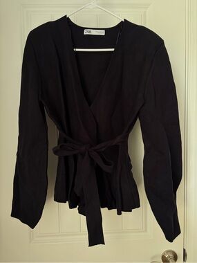 ZARA Navy Wrap Tie Waist Long Sleeve Top sweater blazer